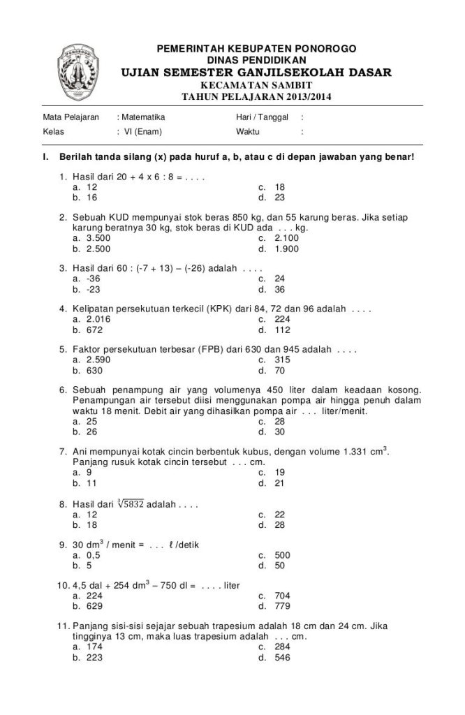 3 Soal Matematika Kelas 4 Semester 1 Kurikulum 2013 yang Sering Keluar di STS