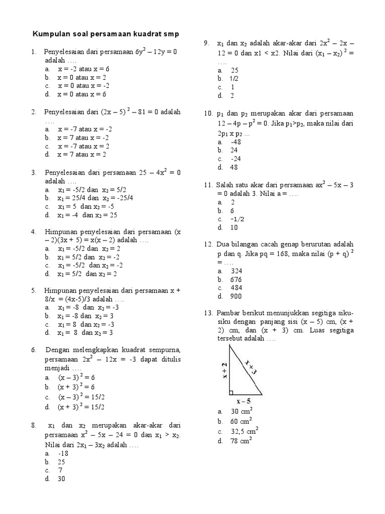 Soal Persamaan Kuadrat Smp Soal Matematika Persamaan Kuadrat Latihan