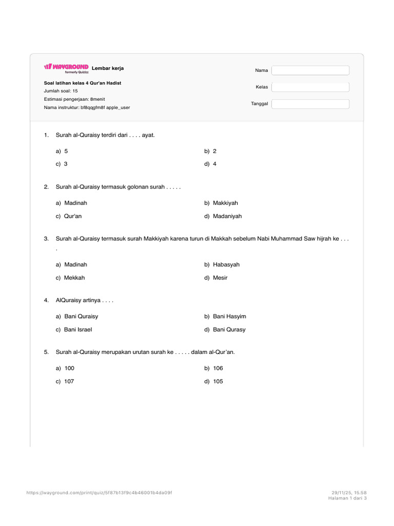 Latihan Soal Kelas 4 Qur an Hadist PDF Latihan Soal Kelas 4 Qur an Hadist PDF