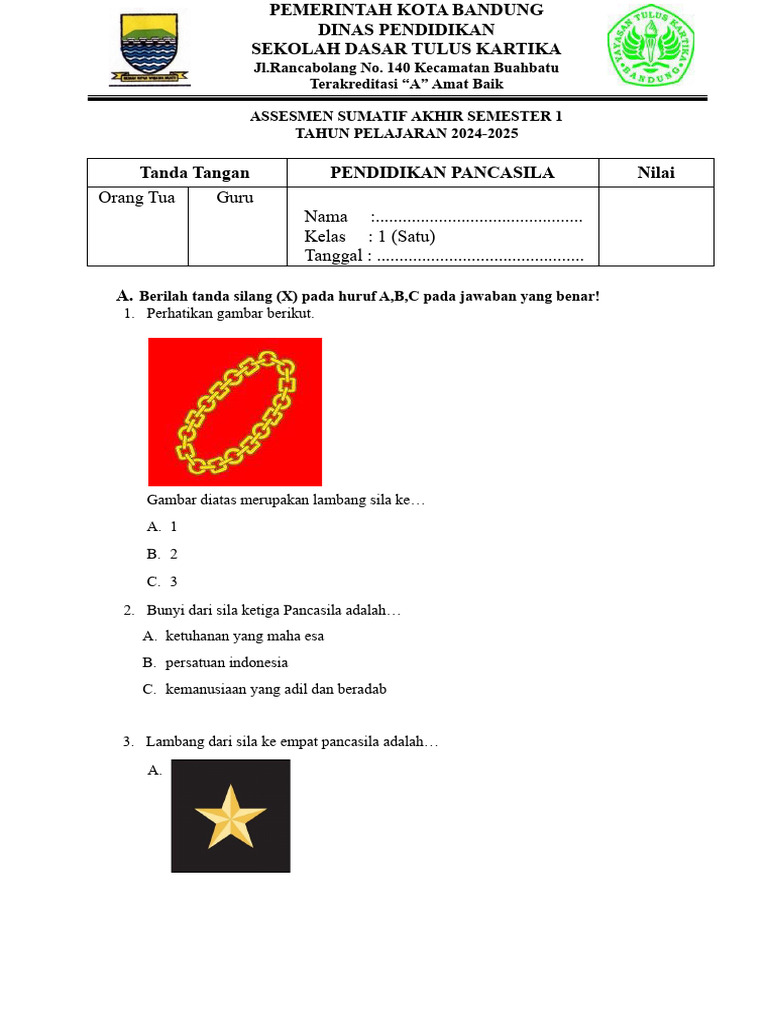 Asesmen Pancasila Kelas 1 SD Bandung PDF