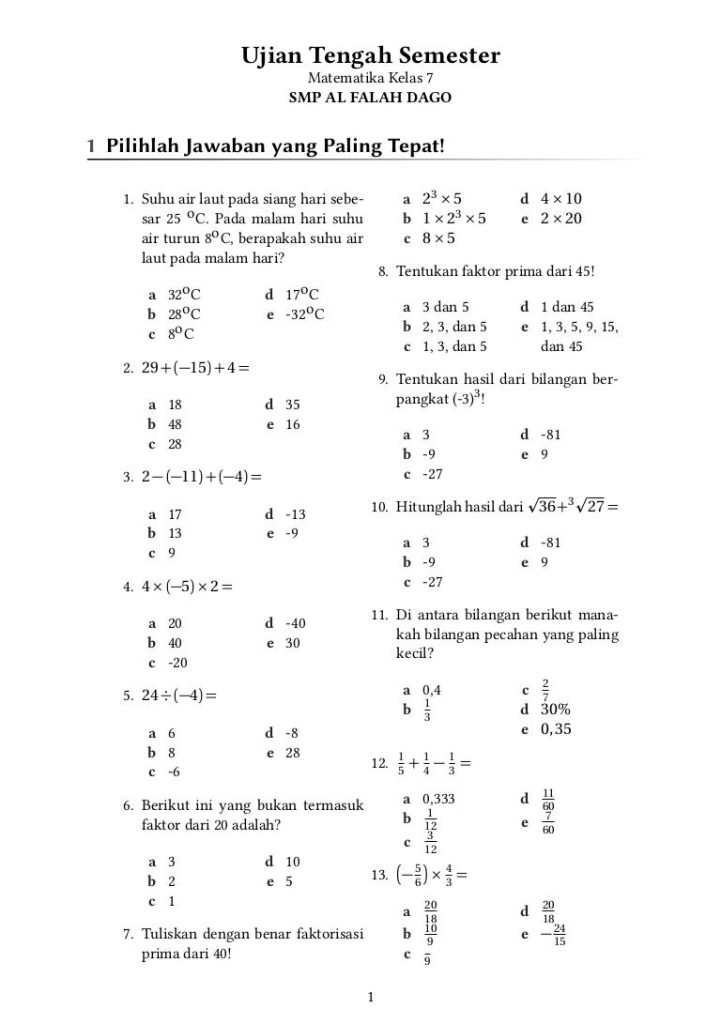 7 Bank Soal UTS Kelas 7 Semester 1 Matematika Siap Cetak, Wajib Tahu Sebelum Ujian 7 Bank Soal UTS Kelas 7 Semester 1 Matematika Siap Cetak, Wajib Tahu Sebelum Ujian