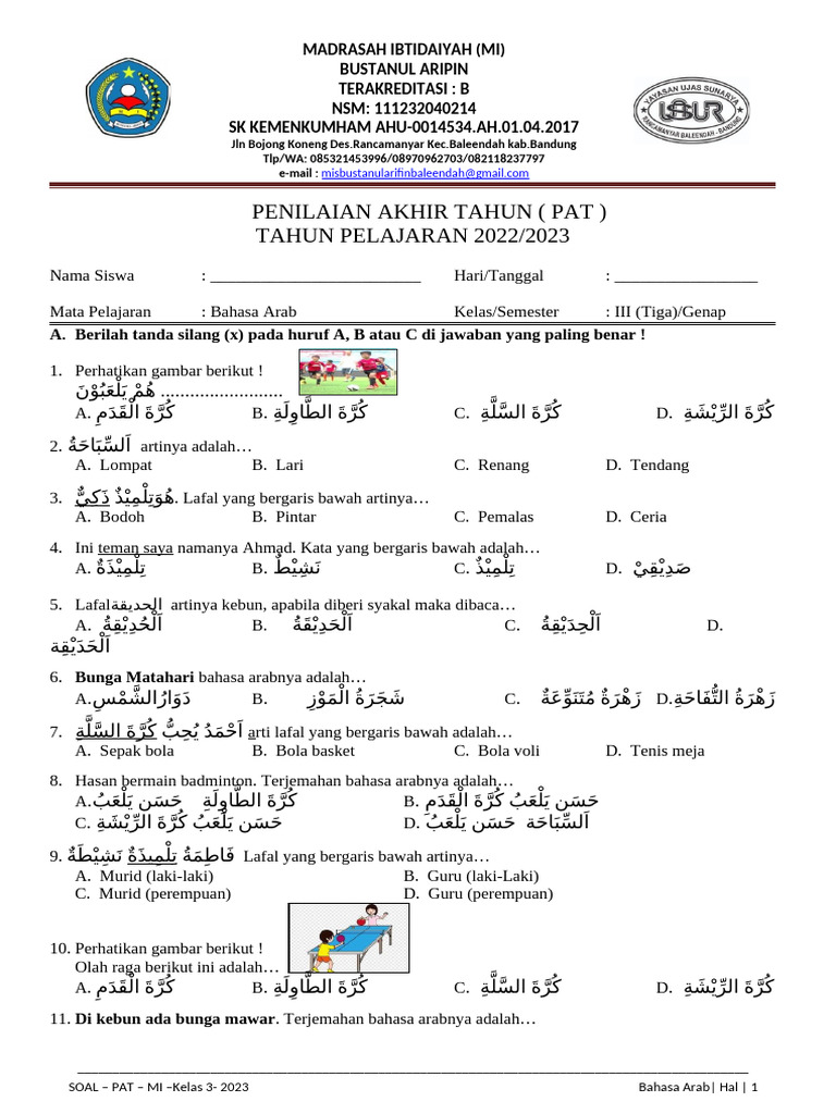 7 Rahasia Soal PAT Bahasa Arab Kelas 3 MI yang Bikin Siswa Lulus Tanpa Salah