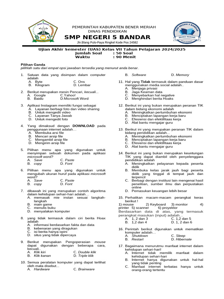Soal TIK Kelas 7 Semester 2 F4 PDF