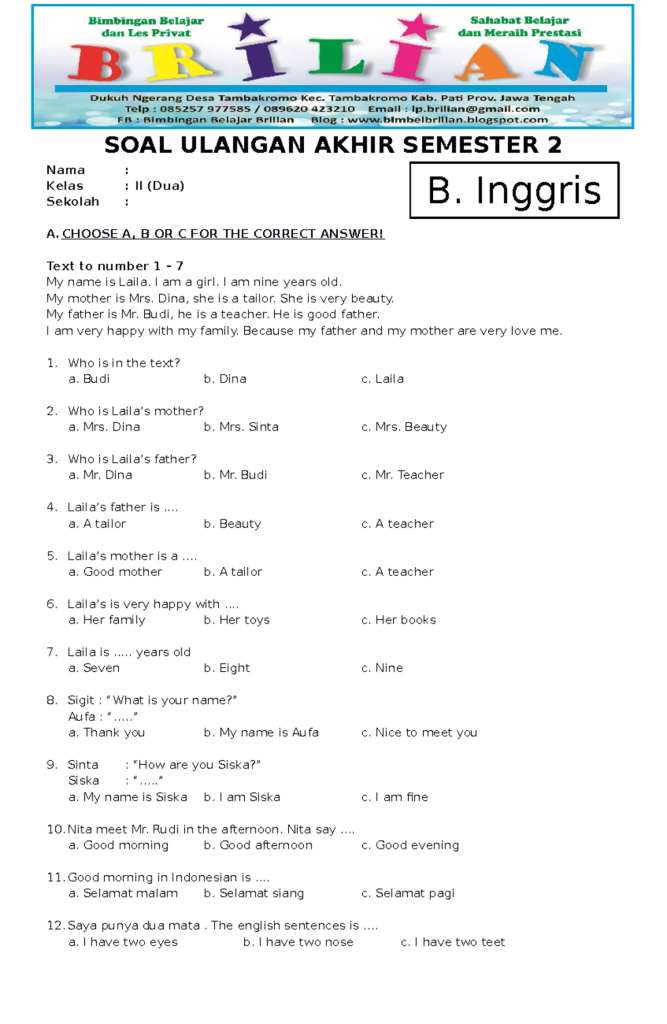 Akhirnya! Download Soal UTS Bahasa Inggris Kelas 3 SD Semester 2, 5 Lembar Siap Cetak