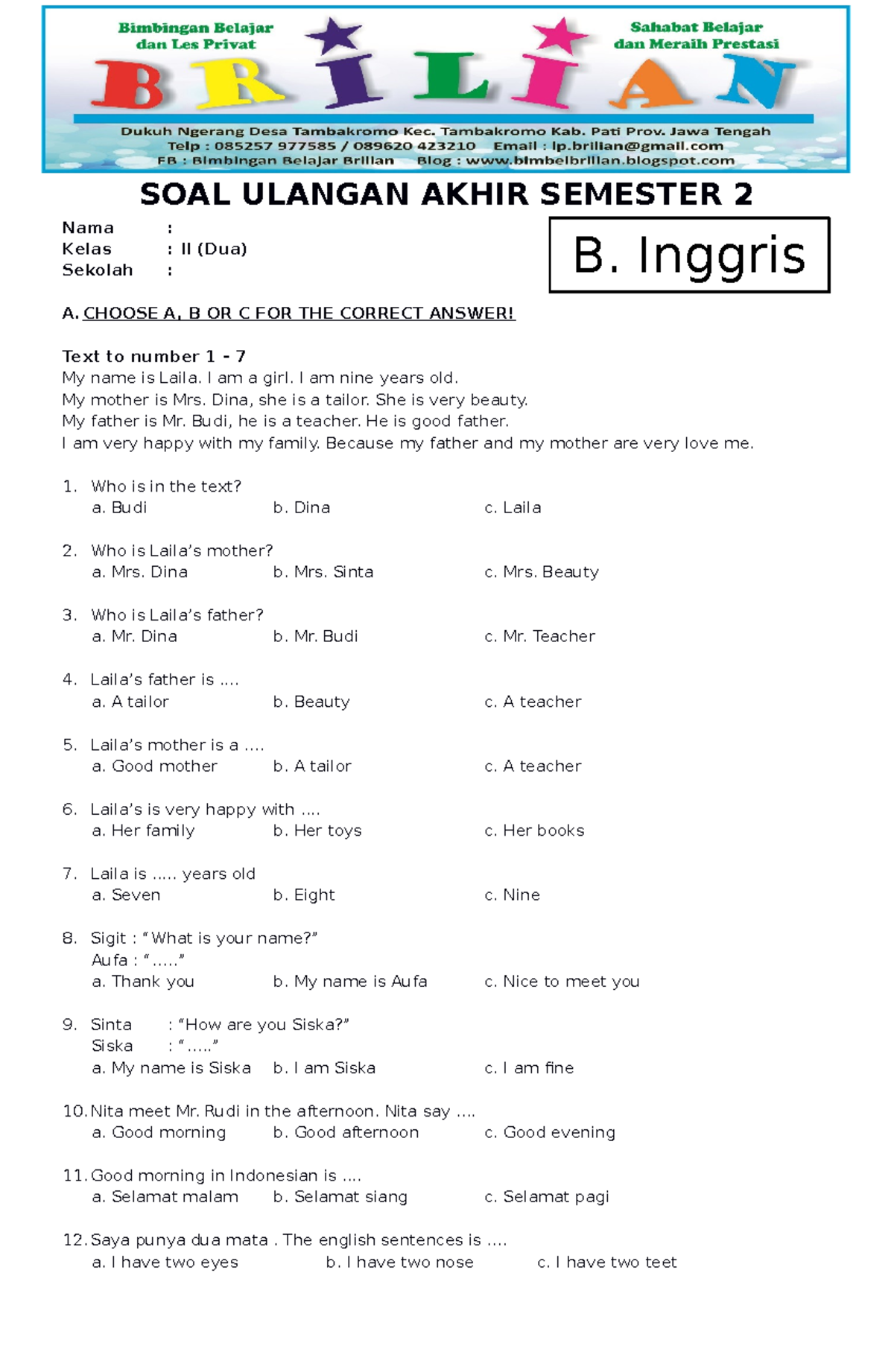 Akhirnya! Download Soal UTS Bahasa Inggris Kelas 3 SD Semester 2, 5 Lembar Siap Cetak