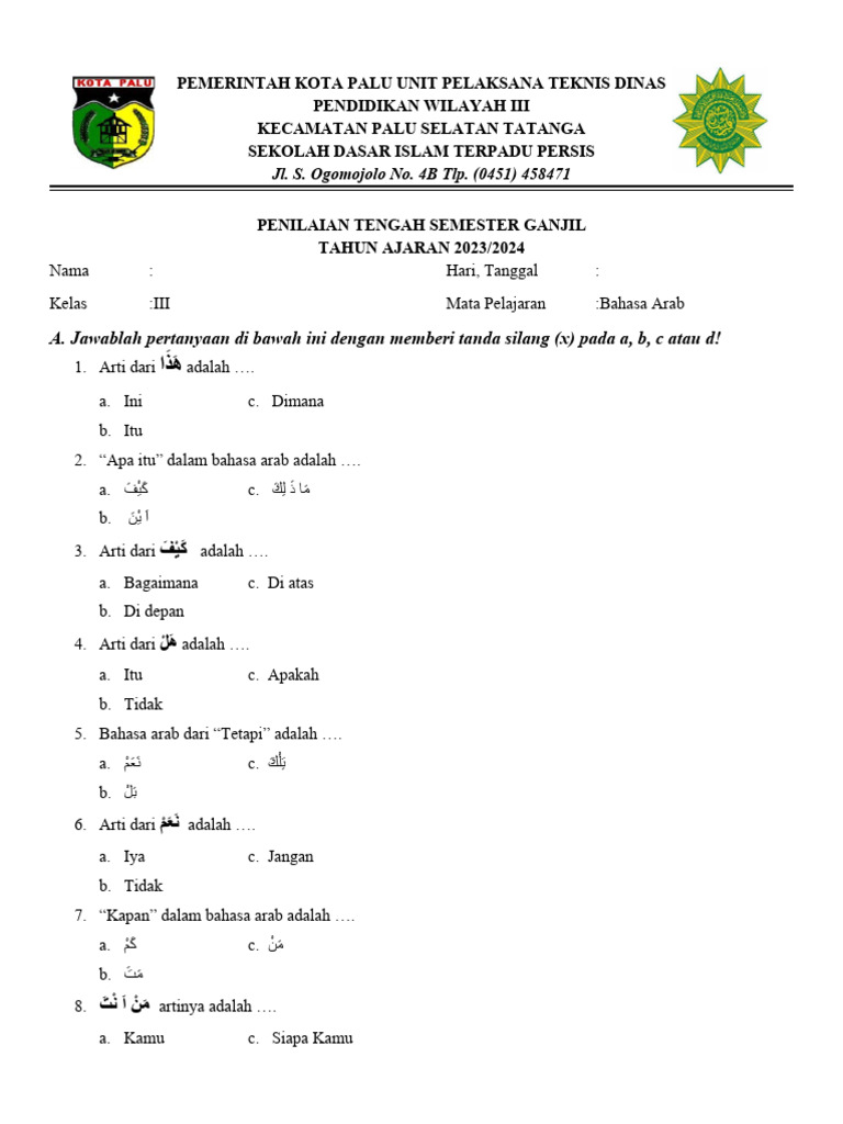 Akhirnya Tersedia! Download Soal UTS Bahasa Arab Kelas 3 Semester 2 yang Jarang Diketahui