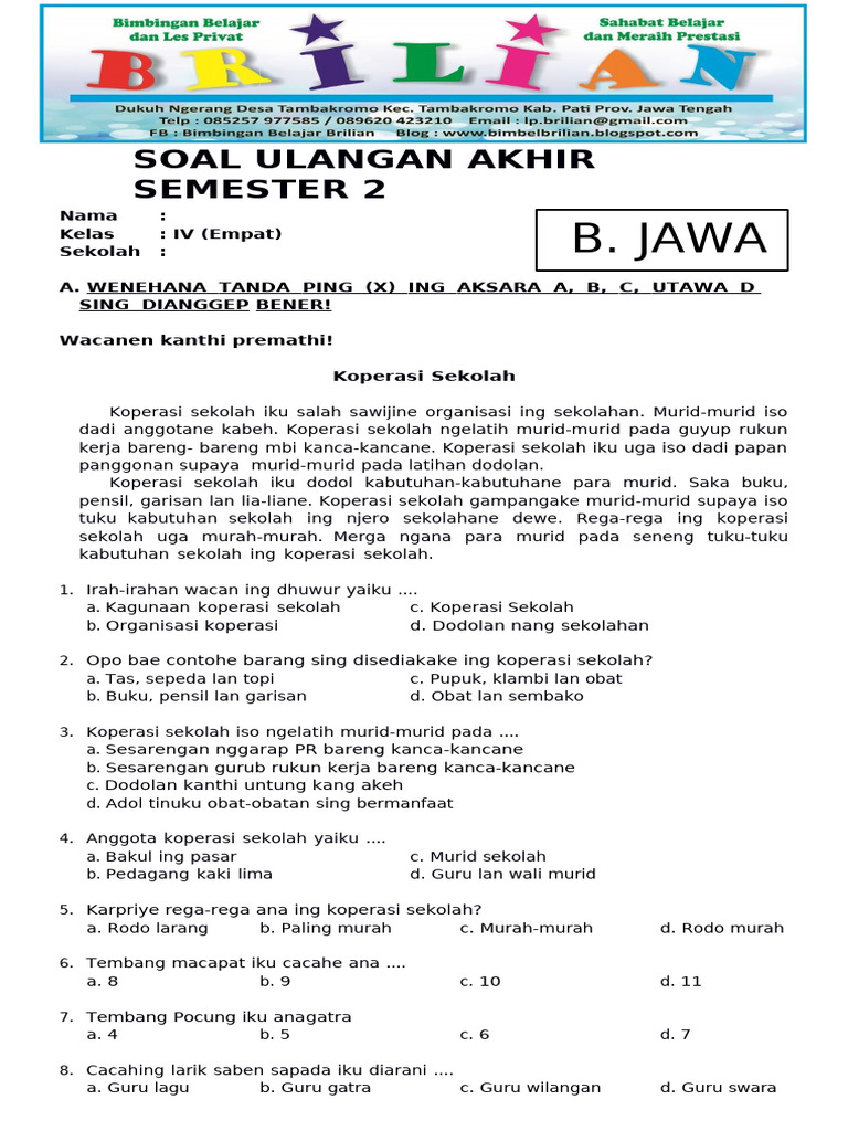 Rahasia 4 Soal Bahasa Jawa Kelas 4 Semester 2 dan Kunci Jawabannya yang Naik Nilai Cepat