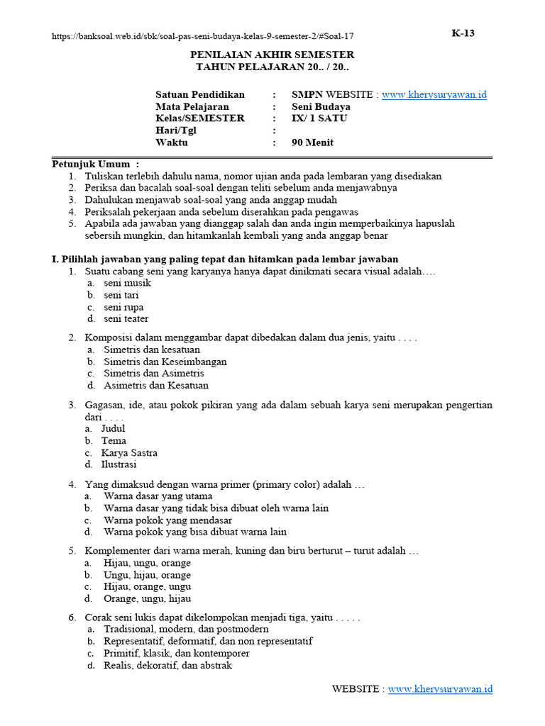 Soal Seni Budaya Kelas IX Semester 2 PDF Gaya Hidup