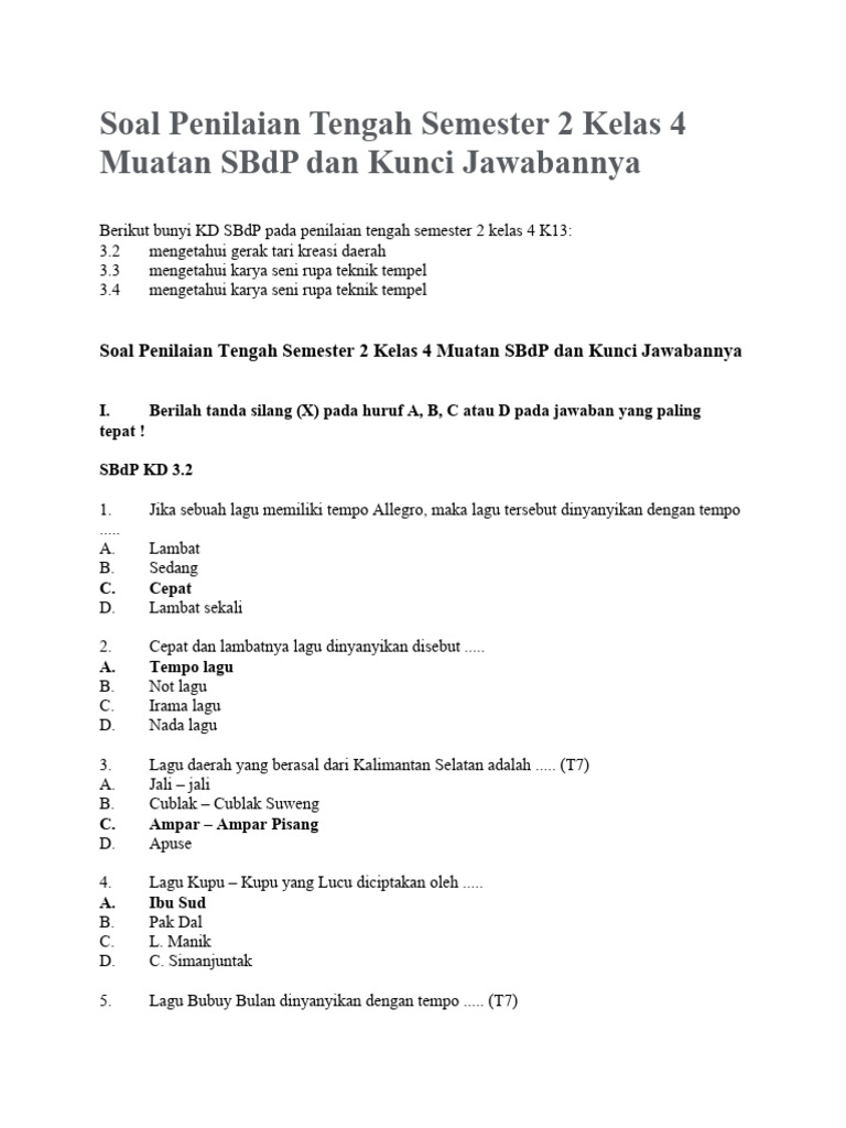 Terbongkar soal sbdp kelas 4 semester 2 dan kunci jawaban lengkap, cara cepat jawab!