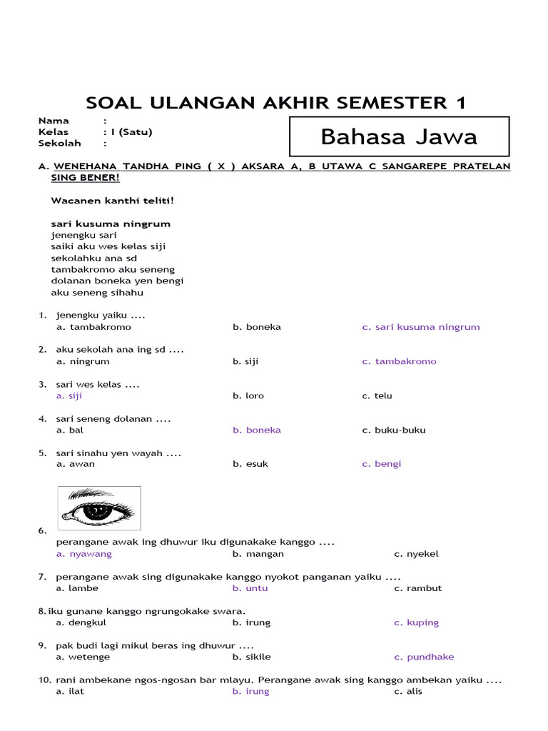 Terbukti! Soal Bahasa Jawa Kelas 1 Semester 1 Ini Bikin Anak Pintar dalam 7 Menit