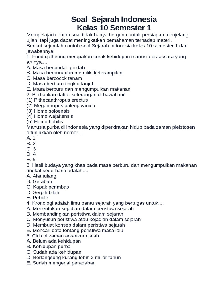 Soal Sejarah Indonesia Kelas 10 Semester 1 PDF