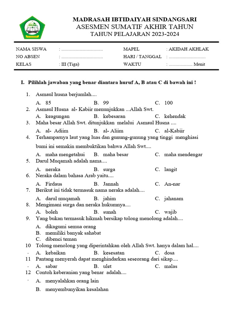 Ternyata Ini Dia Kunci Sukses UTS: Download Soal UTS Aqidah Akhlak Kelas 3 Semester 2 Paling Akurat Sesuai KMA 183