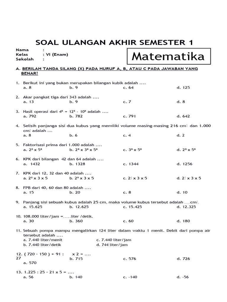 Wajib Tahu! Bocoran Materi dan Soal Matematika untuk Kelas 6 SD Semester 1 Terbaru