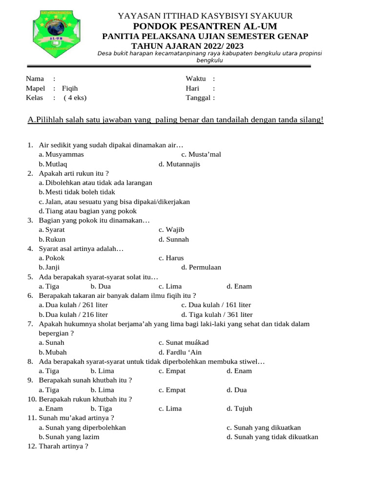 Wajib Tahu! Ini Bocoran Soal PTS Fiqih Kelas 4 Semester 2 Agar Nilai Kamu Maksimal Wajib Tahu! Ini Bocoran Soal PTS Fiqih Kelas 4 Semester 2 Agar Nilai Kamu Maksimal