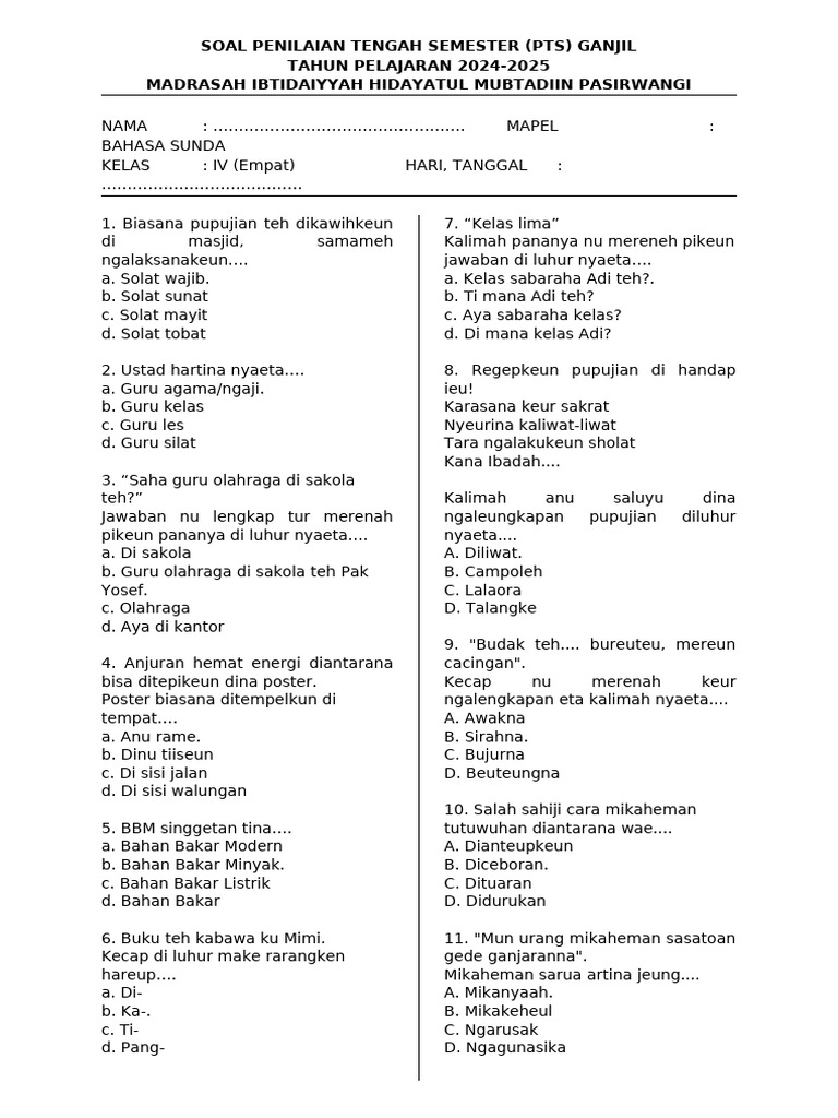 Wajib Tahu! Kumpulan Soal PTS Bahasa Sunda Kelas 4 Semester 1 Kurikulum 2013 Terbaru