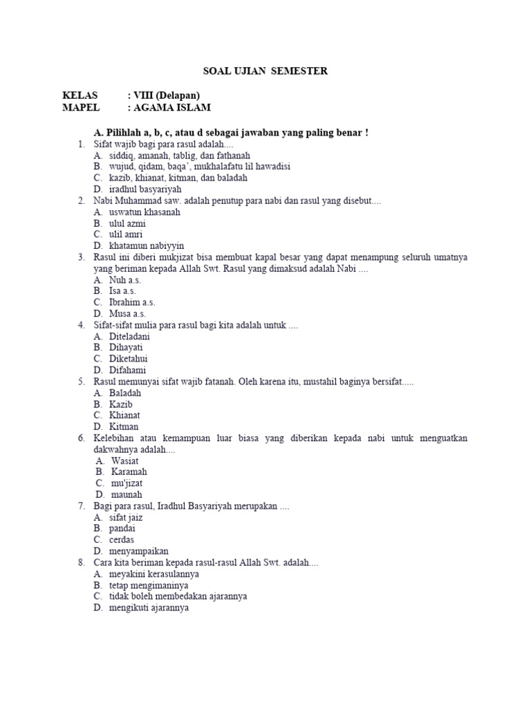 Wajib Tahu! Latihan Soal UKK Agama Islam Kelas 8 Semester 2 Ini Pasti Keluar