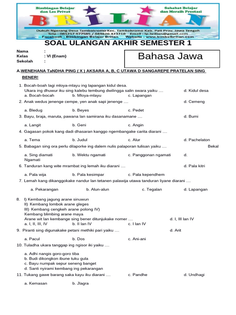 download soal bahasa jawa kelas 6 semester 1