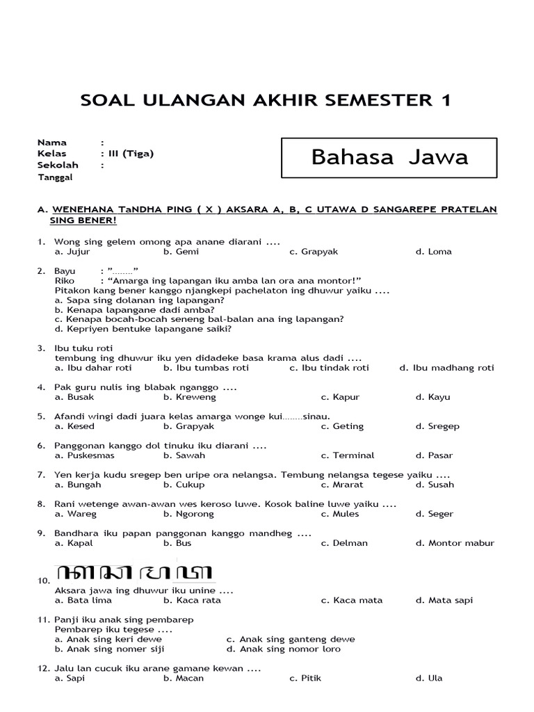 download soal uts bahasa jawa kelas 3 sd semester 2